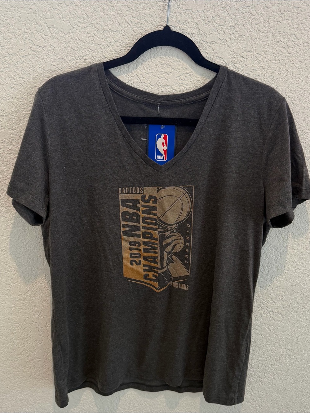 NBA Charcoal V-Neck Tee with Gold 2019 Champions Graphic